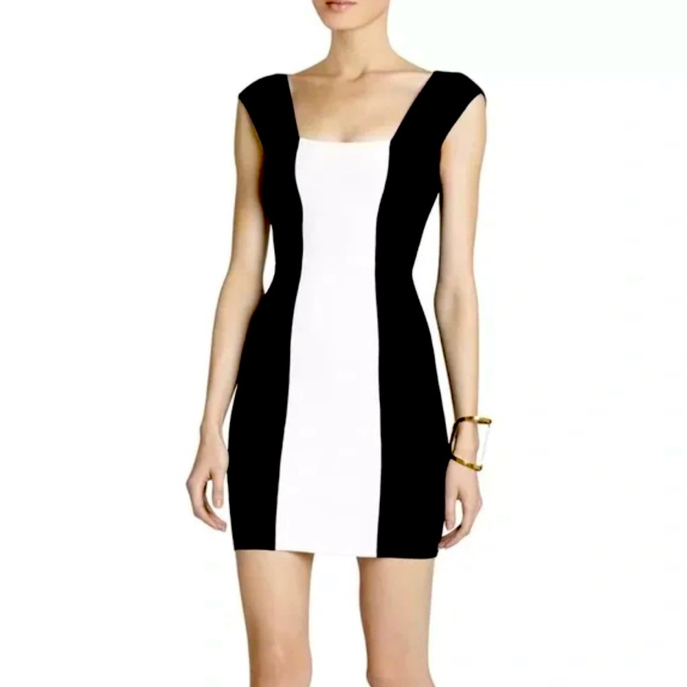 BCBGMAXAZRIA "Tamira" Bodycon Dress Black & White Zip Up Back Size Small EUC